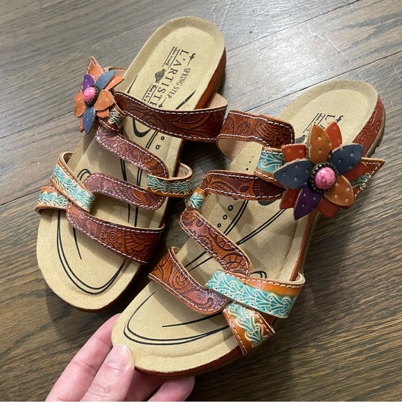 New L’Artiste Spring Step MABEL Leather Sandals EU 35 Artsy Boho Hand Painted - Picture 1 of 11